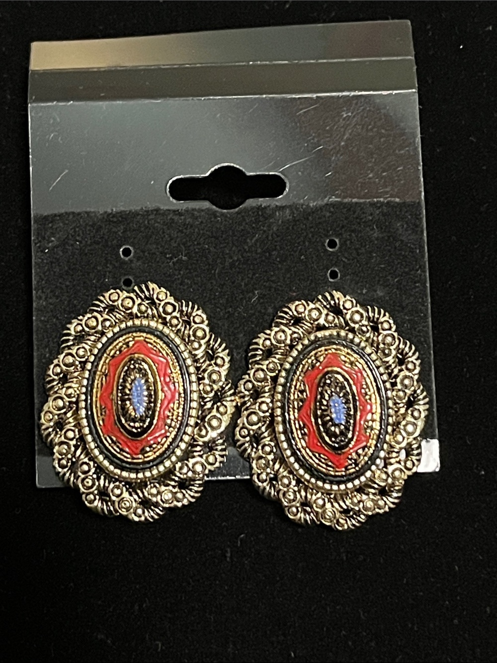 Sarah Coventry Gold-Tone Filigree Earrings with Red Enamel and Blue Accents